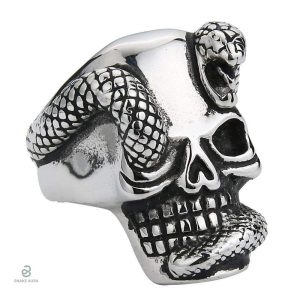 Bague en forme de serpent avec crâne stylisé