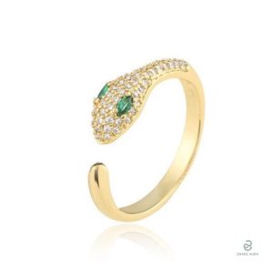 Bague serpent dorée fine avec yeux verts pour femme