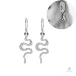 Boucles d'oreilles en forme de serpent, finition argentée, yeux sombres