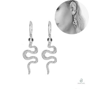 Boucles d'oreilles en forme de serpent, finition argentée, yeux sombres