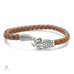Bracelet serpent en cuir marron et argenté