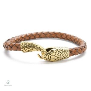 Bracelet serpent doré en cuir marron élégant