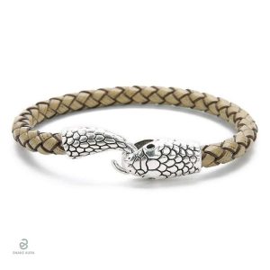 Bracelet serpent argenté en cuir beige élégant et unique