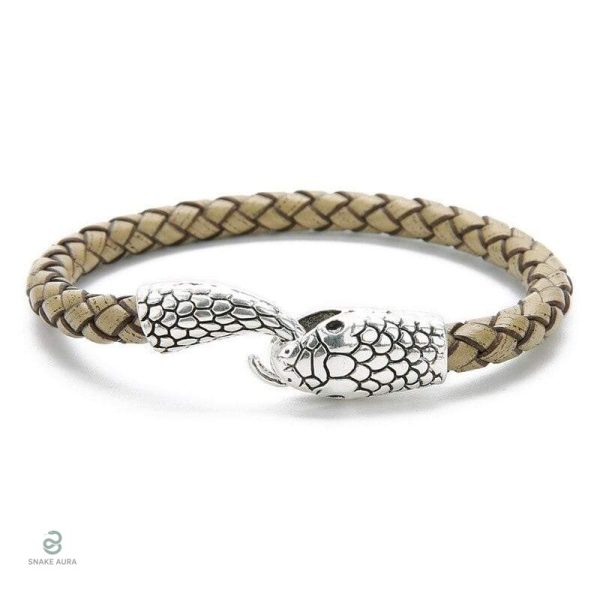 Bracelet serpent argenté en cuir beige élégant et unique