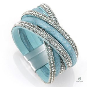 Bracelet en cuir bleu effet peau de serpent pour femme