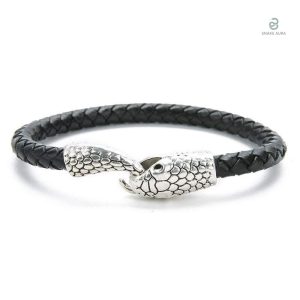 Bracelet serpent en argenté avec cuir noir