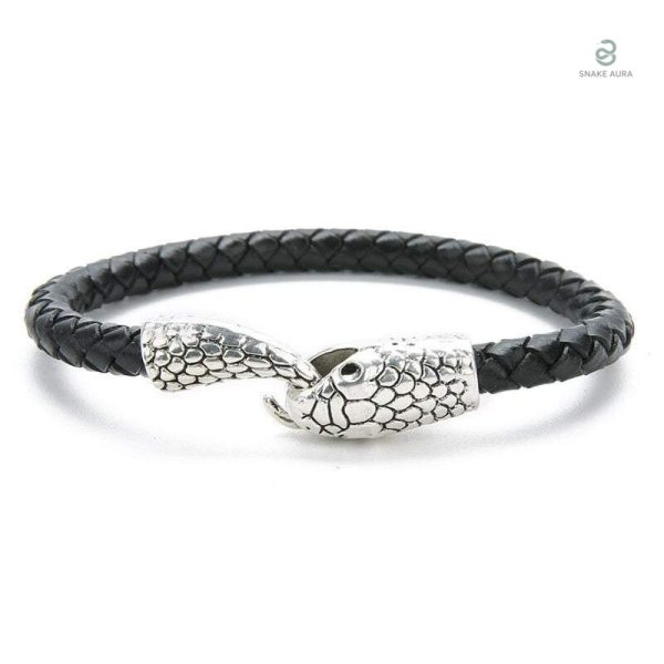 Bracelet serpent en argenté avec cuir noir