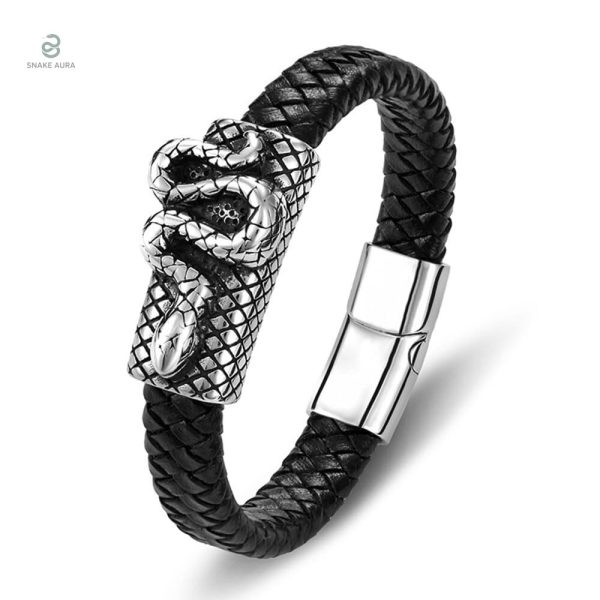 Bracelet Serpent Homme en cuir tressé antique