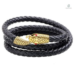 Bracelet serpent en or enroulé cuir noir