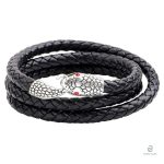 Bracelet Serpent Argent enroulé sur cuir noir