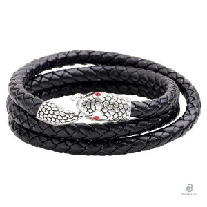 Bracelet Serpent Argent enroulé sur cuir noir