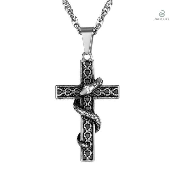Collier serpent acier avec croix pour homme