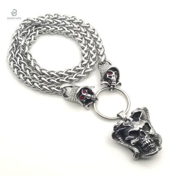 Collier en acier inoxydable au design serpent et crâne